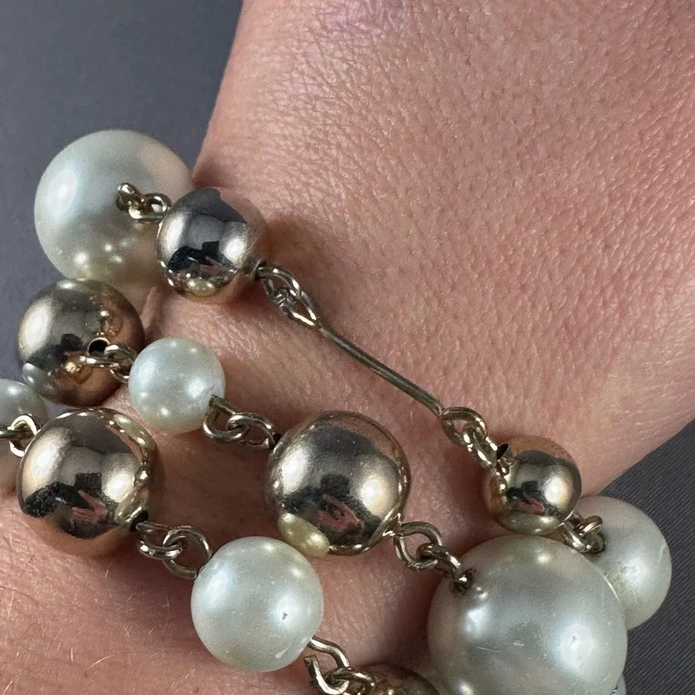 Talbots Chunky Pearl Beaded Multi Strand Charm Bracelet Silver Tone Toggle Clasp